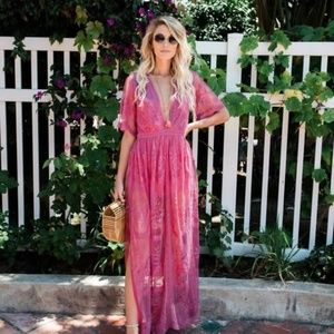 Pink lace short sleeve maxi dress